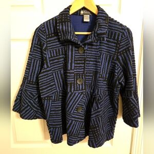 Damee Blue and Black Women's Jacket Button Front Flare Sleeves Size Medium